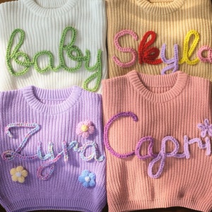 Personalized Hand Embroidered Baby Boy & Toddler Sweater, Pink Baby Girls Sweater with Name, Custom Baby Name Sweater,Baby Gift Girl Newborn zdjęcie 4