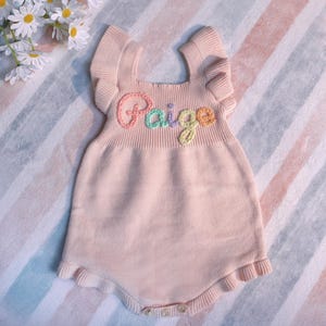 Custom Name Romper, Baby Girl Romper, Baby Knit Romper,Hand Embroidered Ruffle Romper,First Birthday Romper,Personalized Gift for Baby Girls