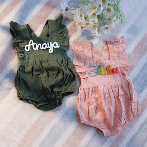 Smocked Bubble Romper, Baby Girls Embroidered Romper, Babys First Birthday Outfit, Baby Summer Outfit, Personalized Baby Romper with Name