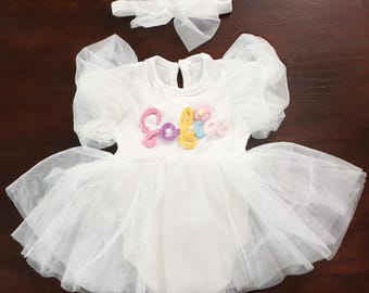 Personalized Baby Girl Tulle Dress, Custom Name Baby Romper Dress, Cake Smash Dress Girl, Tutu Dress for Girls, One Year Old Princess Outfit