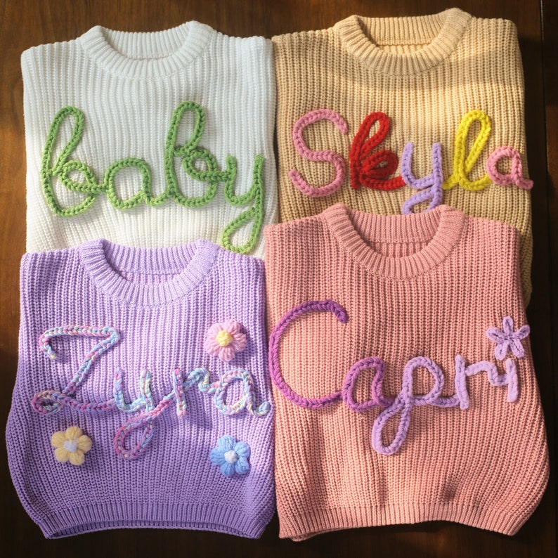 Personalized Hand Embroidered Baby Boy & Toddler Sweater, Pink Baby Girls Sweater with Name, Custom Baby Name Sweater,Baby Gift Girl Newborn zdjęcie 4