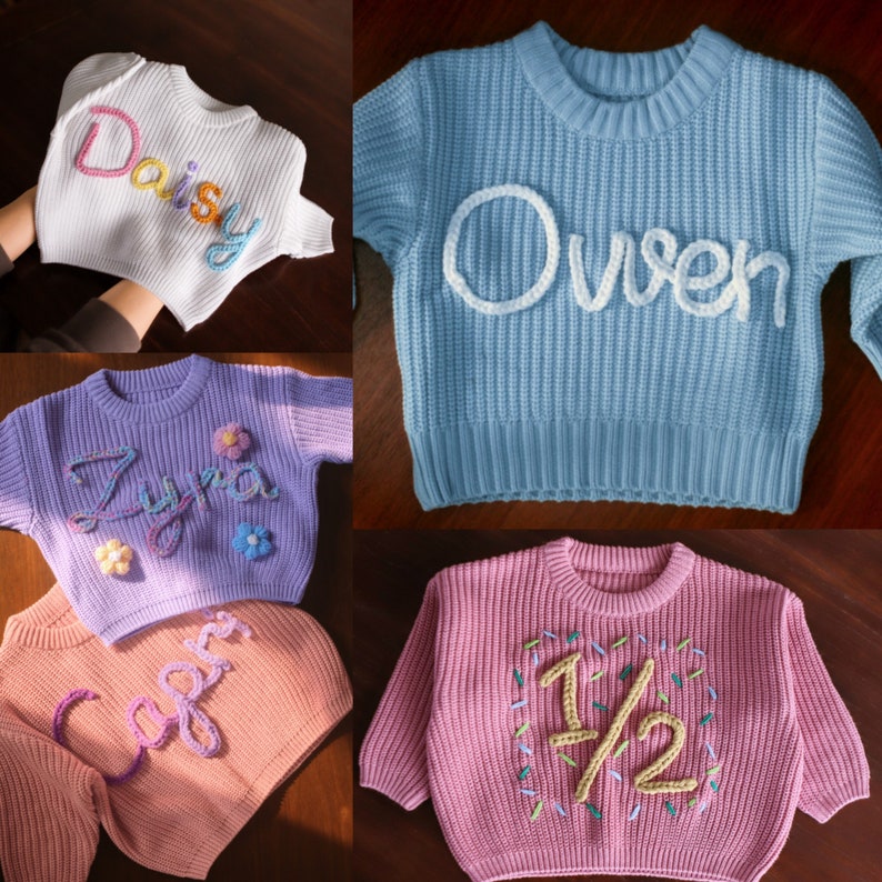 Baby Name Pullover, Baby Strickpullover, Besticktes Baby Sweatshirt, personalisierte Babykleidung, Baby Mädchen Coming Home Outfit, Geschenk für Neugeborene Bild 3