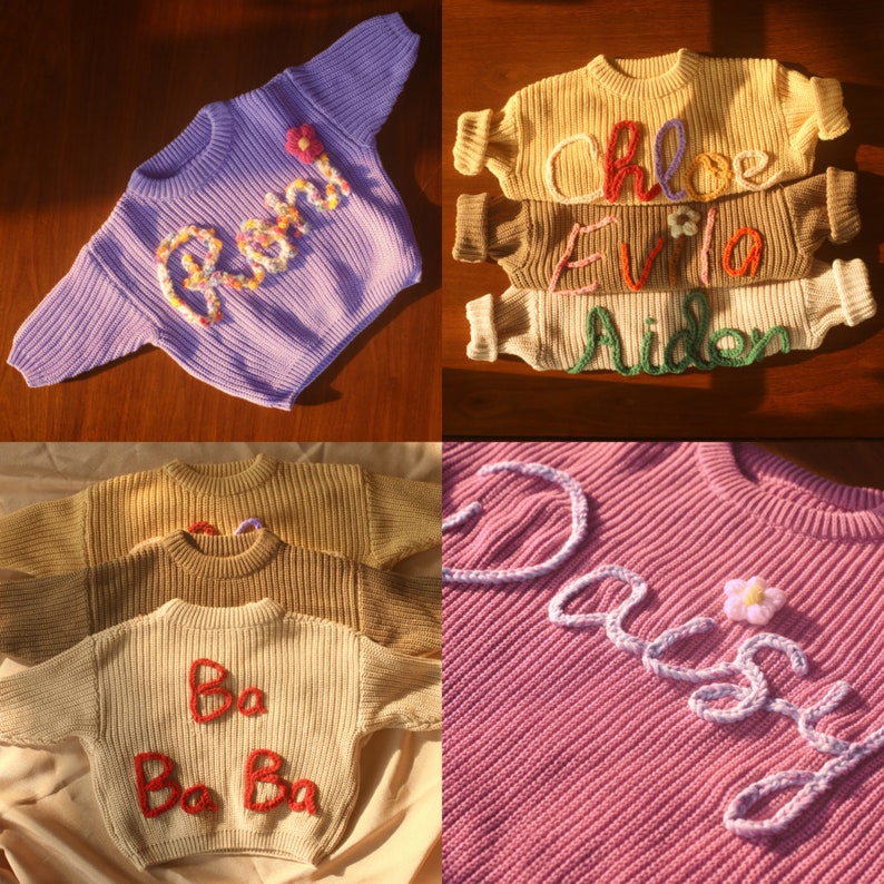 Baby Name Pullover, Baby Strickpullover, Besticktes Baby Sweatshirt, personalisierte Babykleidung, Baby Mädchen Coming Home Outfit, Geschenk für Neugeborene Bild 5