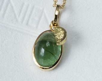 Green tourmaline pendant, 18k gold, chain pendant with lemon, handmade genuine jewelry, unique piece, artisan tourmaline pendant