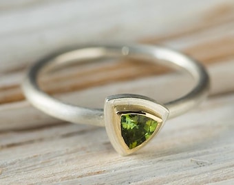 handmade ring in silver, gold bezel, set with green tourmaline