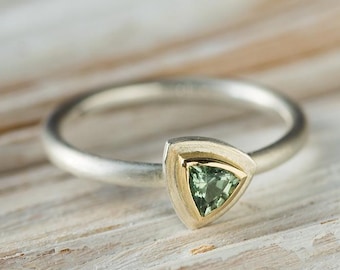 handmade ring in silver, gold bezel, set with green tourmaline