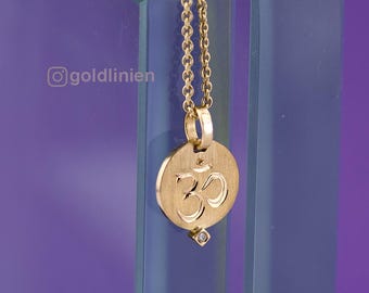 OM pendant, 750 gold, hand-engraved Om symbol, 18k yellow gold, small diamond pendant, handcrafted goldsmith work
