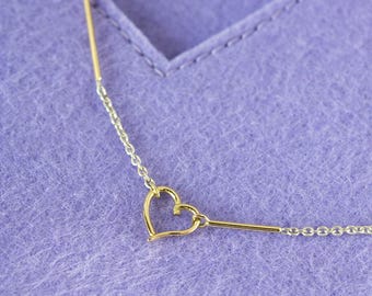 Heart chain, heart necklace. Fine, thin silver chain with heart in 585 gold, innovative clasp solution, choker can be worn without a pendant