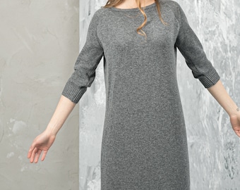 Langes Kleid aus Kaschmir und Merinowolle Winterkleid Pulloverkleid Handgestricktes Kleid