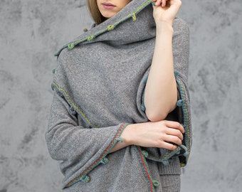 Grey Cashmere Knitted Shawl: Chunky Boho Scarf Wrap