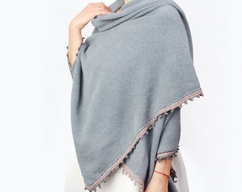 Gray Wool Shawl Wrap for Women -  Wool and Cashmere Knitted Gift for Mom, Gray wool wrap shawl