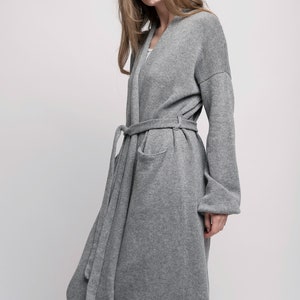 Wool and Cashmere robe cardigan, Long wool robe, Cashmere cardigan with belt, Womens oversized cardigan, Long cardigan gift for her Gray