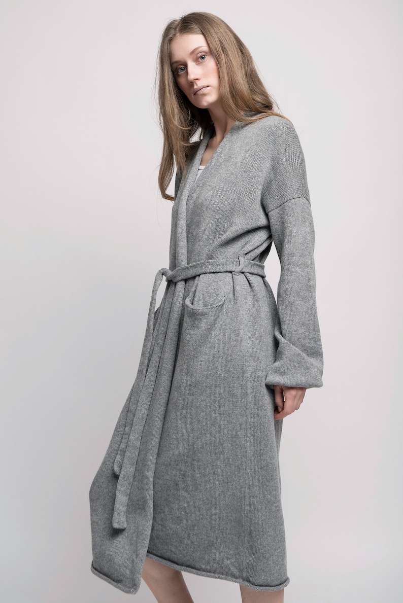 Wool and Cashmere robe cardigan, Long wool robe, Cashmere cardigan with belt, Womens oversized cardigan, Long cardigan gift for her Gray