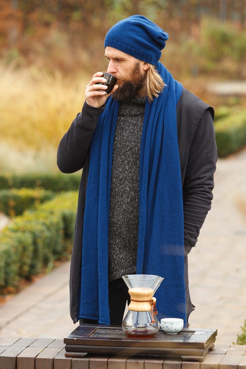 Pure Cashmere Knit Scarf Wrap Cashmere Gift for Men Dark blue