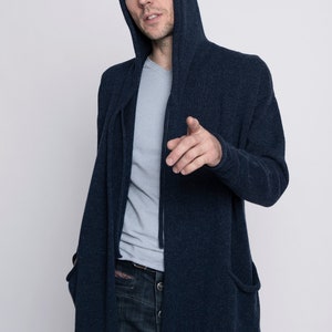 Long hooded cardigan for men, Cashmere cardigan with pockets, Merino wool hand knitted mens cardigan, MENS chunky knit cardigan for fall