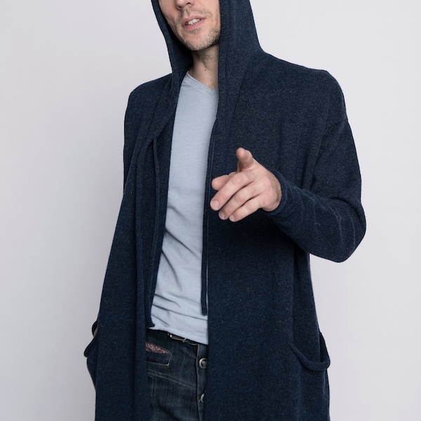 Hand-Knitted Merino Wool Cashmere Cardigan: Mens Hooded Sweater