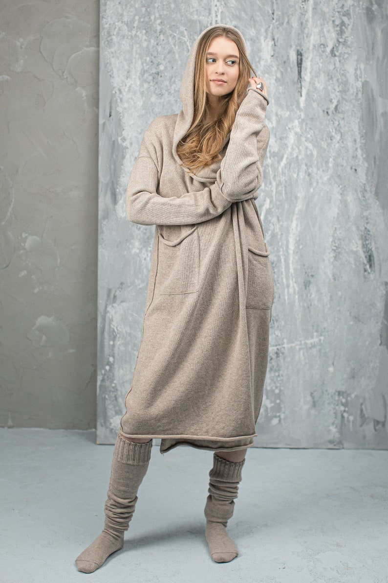 Hooded Long Cardigan with Pockets Oversized Sweater from Cashmere and Merino Wool image 1