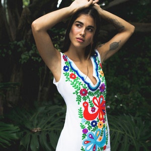 White Blue Mexican Embroidered Dress Bohemian Maxi Sleeveless