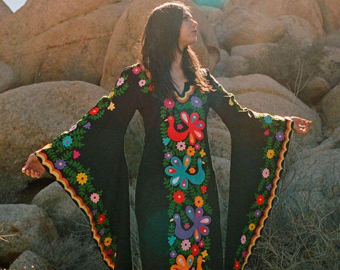 Black & Yellow Mexican Embroidered Dress, Bohemian Maxi READY TO SHIP