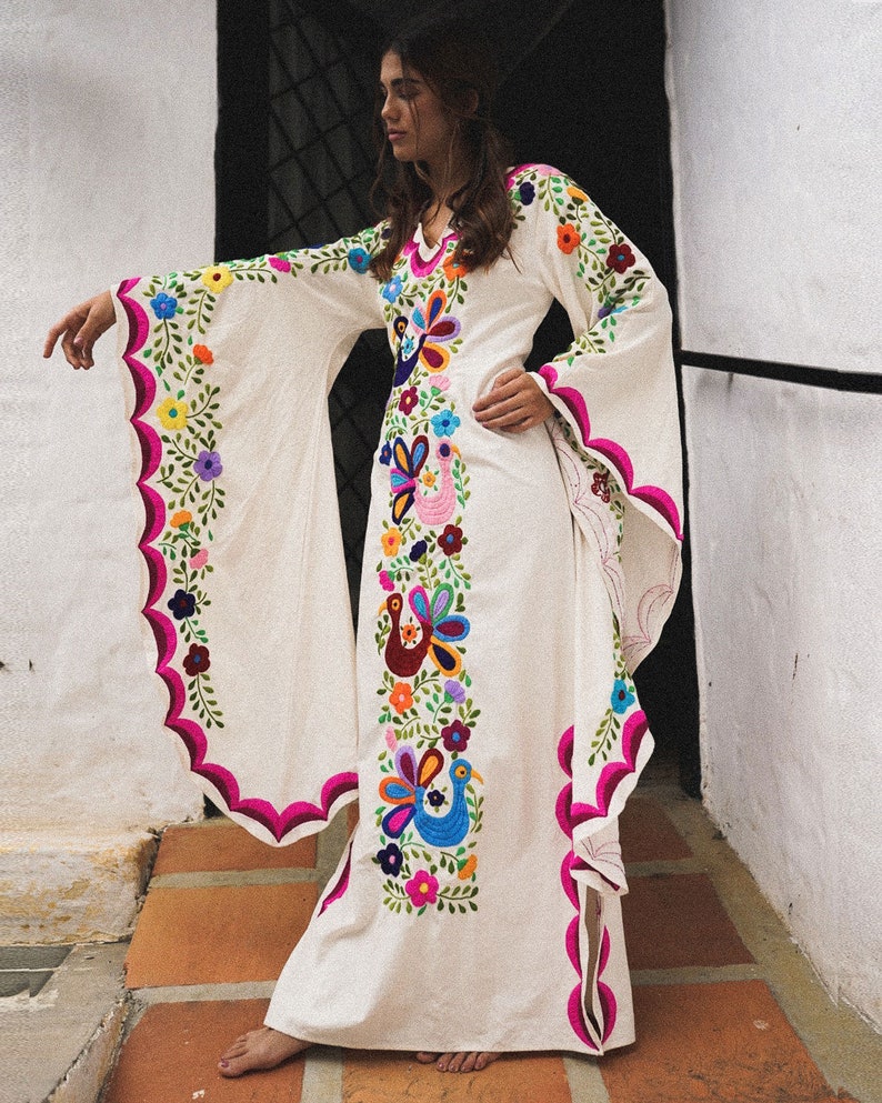 Mexican Wedding Dress Pink Embroidery Boho Caftan Dress - Etsy