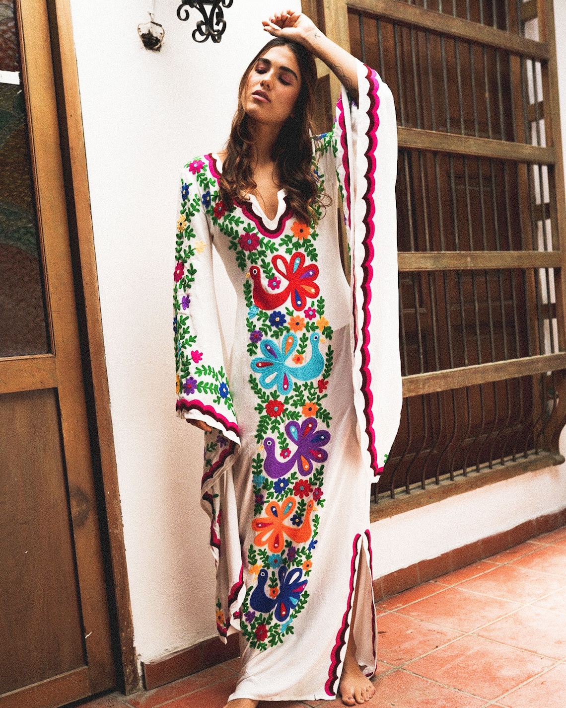 White & Pink Mexican Embroidered Dress Bohemian Maxi Chain image 1