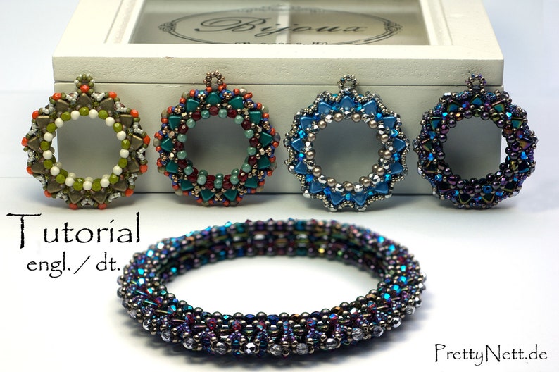 May include: Four beaded jewelry pieces in a variety of colors, including green, blue, and purple. The pieces are arranged in a row on a white surface. The text "Tutorial engl./dt." is visible below the jewelry.