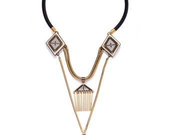 Black Statement Necklace - Gold and Black necklace - Long Boho Necklace