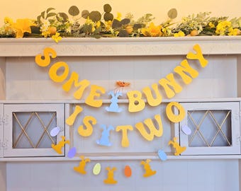 Some Bunny is Two Banner Easter Egg Garland for 2nd Birthday Spring Decoration, Custom banner for Some Bunny is One 1st Birthday