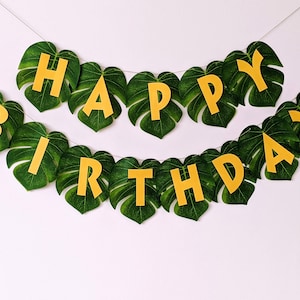 Tropical birthday, Green monstera leaf banner, Jungle, Safari, Wild one themed 1st happy birthday party garland decoration in gold