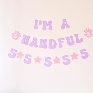 I am a Handful 5th Birthday Banner - Funny Party Decoration with Hand motif and age 5 Stars - Other colours are available for boys