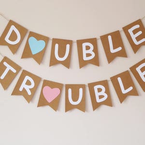 Twins, Double trouble bunting, Mommy to be, Twin boy, girl baby shower decor, Birthday party, Fun photo prop