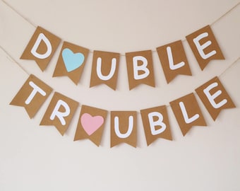 Twins, Double trouble bunting, Mommy to be, Twin boy, girl baby shower decor, Birthday party, Fun photo prop