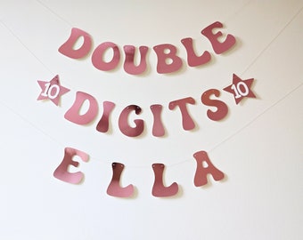 Double Digits Birthday Banner with Personalised Name for girls 10th Birthday Party Celebration and Milestone Keepsake or Gift