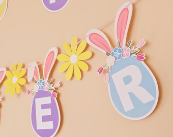Happy Easter Pastel Banner with Bunny Rabbit and Daisy Decoration for Easter Gift