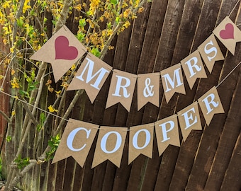 Burgundy Wedding, Personalised Mr and Mrs Wedding Bunting, Rustic Wedding, Renewal Decoration, Custom Colour