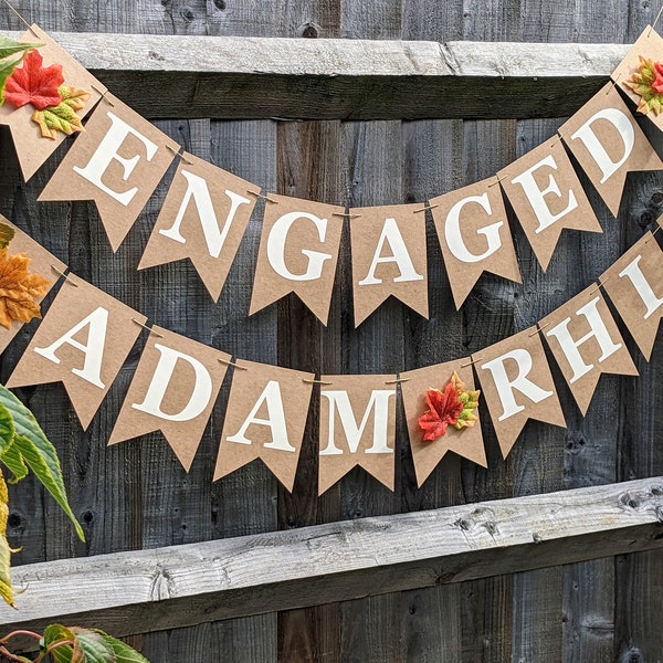 Engagement Party Decorations, Personalised Engaged Bunting, Neutral Boho Wedding, Autumn Fall themed Engagement Sign