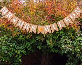 Neutral Autumn Wedding Mr & Mrs Personalised Bunting Sign with a leaf fit into earthy brown, terracotta, sage, any warm colours of wedding