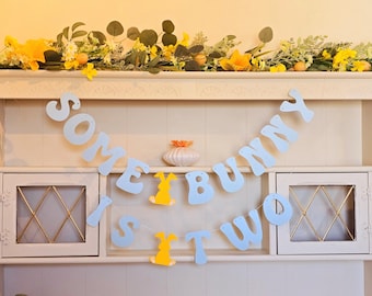 Some Bunny is Two Banner Easter 2nd Birthday Decoration in pastel blue and yellow, Can be Some Bunny is One 1st Birthday