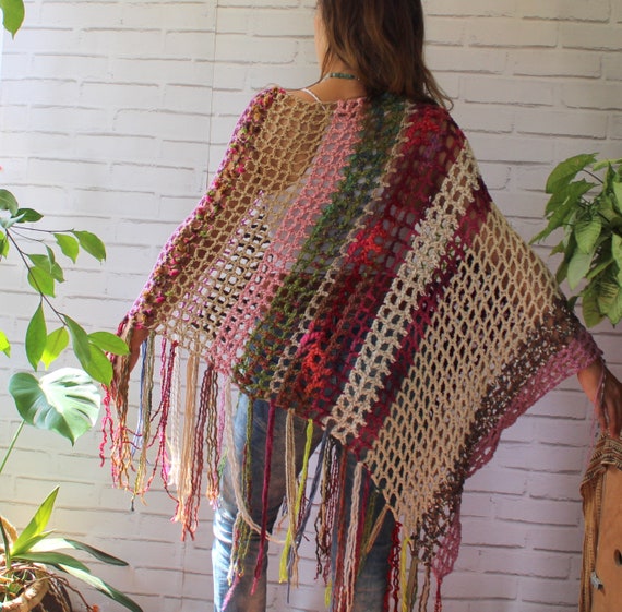 Bohemian Fringed Crochet Cape. Multicolor Crochet Poncho. OOAK -