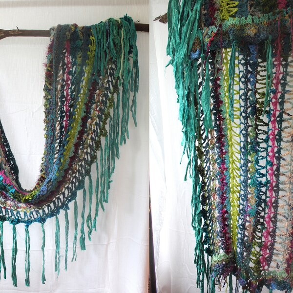 Boho Stole. Large Hand Crochet Spring-Fall-Winter Shawl. OOAK Design. Bohemian Crochet Shawl with Sari Silk Fringes
