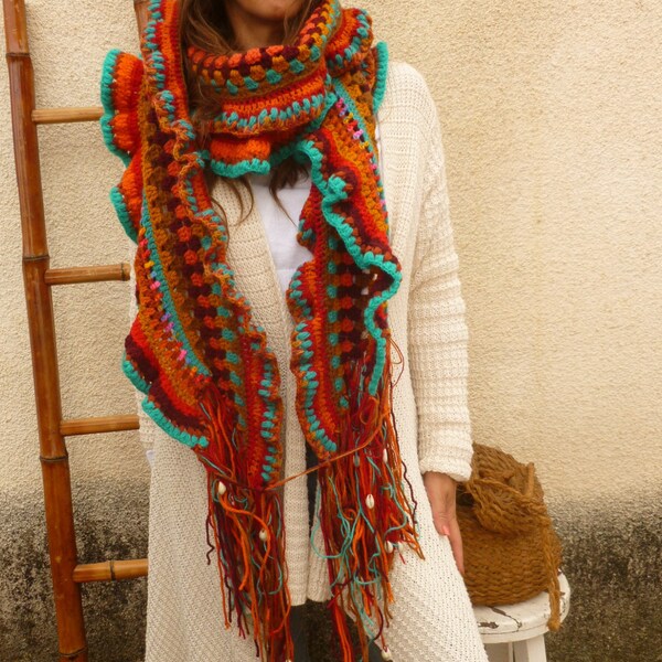 Tribal -Ethnic Handmade Crochet Scarf. Large Stole with Shells. Ethnic Accessories. OOAK Design