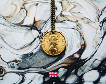 British Coin Necklace, Queen Elizabeth Necklace, Threepence Double Sided Handmade Pendant, Antique Gold Chain, Made To Order, Free UK Ship