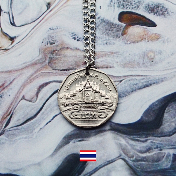 Thai Coin Necklace, 5 Baht Double Sided Handmade Pendant, Silver Plated Chain Made To Order, Free UK Shipping, Vintage Jewellery