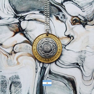 Argentina Coin Necklace, 2 Pesos Double Sided Handmade Pendant, Silver Plated Chain, Made To Order, Free UK Shipping, Vintage Jewelery Sun