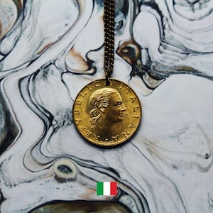 Italian Coin Necklace, 200 Lire Double Sided Handmade Pendant, Antique Gold Chain, Made To Order, Free UK Shipping, Vintage Jewellery