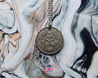 British Coin Necklace, 1 Shilling Double Sided Handmade Pendant, Silver Plated Chain, Made To Order, Free UK Shipping, King George Scottish