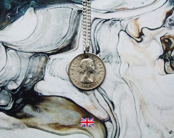 British Coin Necklace, Queen Elizabeth Necklace, Lucky Sixpence Handmade Pendant, Silver Plated Chain, Made To Order, Free UK Ship