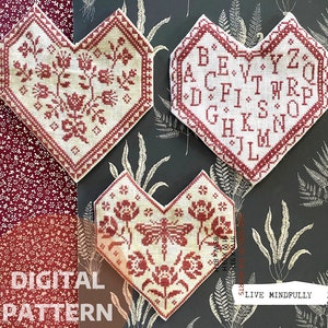 Redwork Stickdatei: Kreuzstichmuster Blumenmuster (PDF) Power of Red Hearts