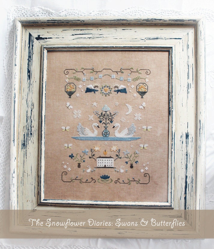 SWANS & BUTTERFLIES instant download, cross stitch pattern, sampler, primitive, blue, spring, swans