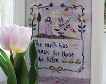 The Earth Has Music - cross stitch pattern, instant download, The Snowflower Diaries, primitive, sampler, spring, mother, purple, yellow